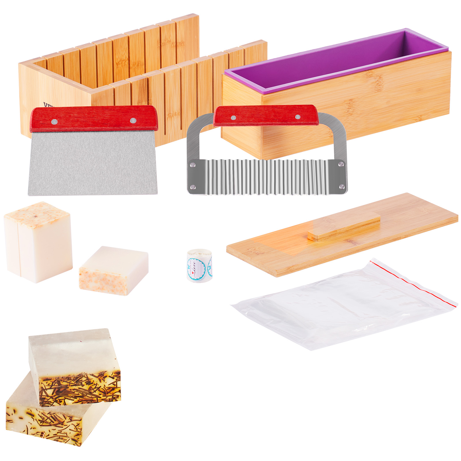 Soap Making Lab - ชุดทำสบู่ VEVOR กล่องตัดไม้ไผ่และกล่องด้านในพร้อมแม่พิมพ์ซิลิโคน ที่ตัดสแตนเลสแบบตรงและแบบลอน